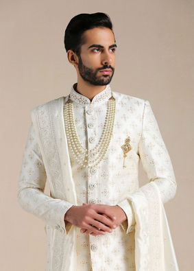 Cream Floral Self Patterned Sherwani image number 0